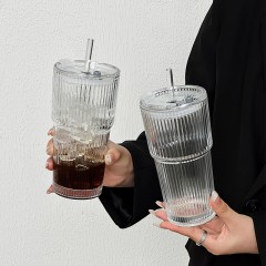 高颜值冷饮杯果汁咖啡杯带盖带吸管竖条纹玻璃杯水杯ins风大容量