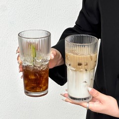 高颜值冷饮杯果汁咖啡杯带盖带吸管竖条纹玻璃杯水杯ins风大容量